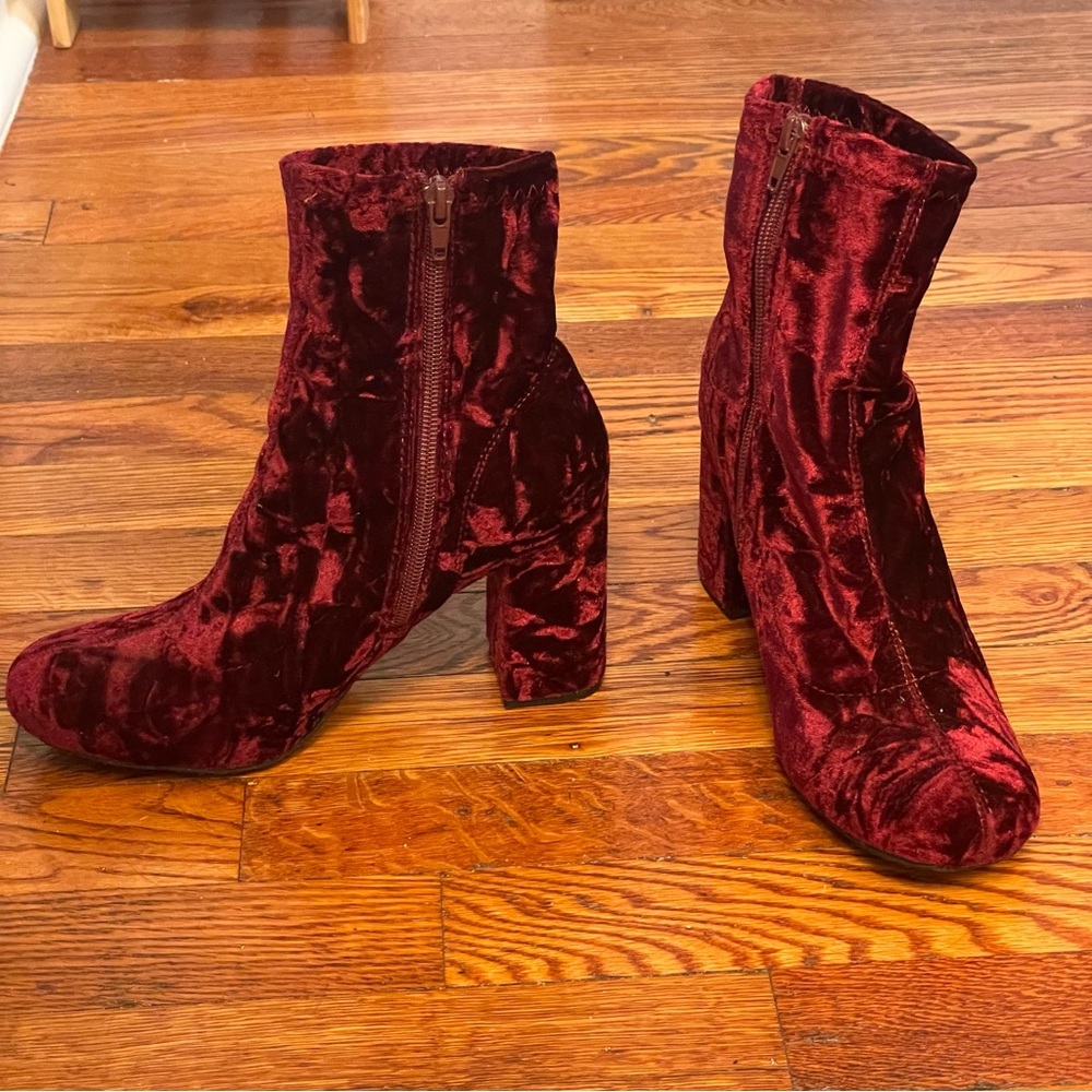Crushed red velvet booties
